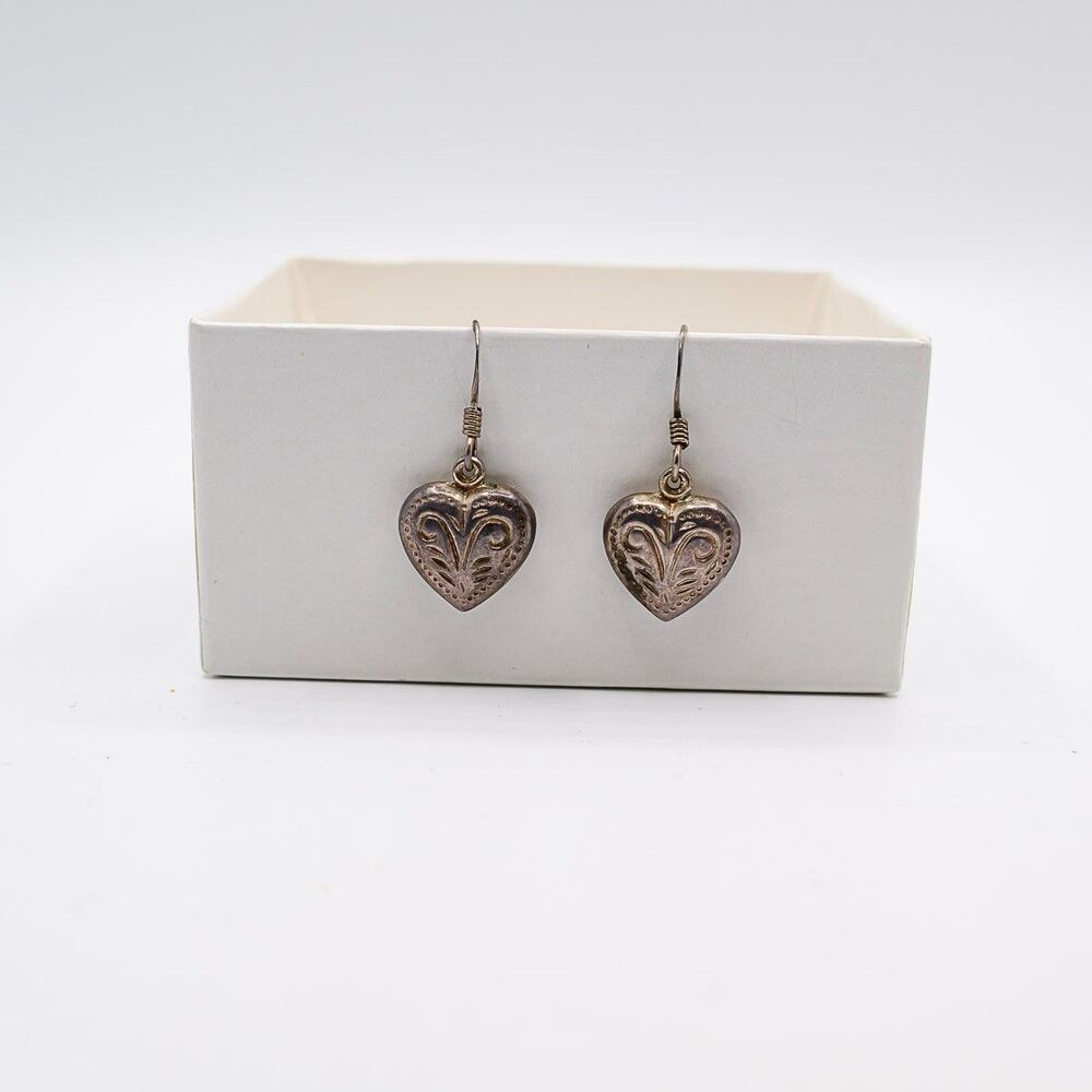Sterling Silver 925 Dangle Heart Earrings Pierced hook wire